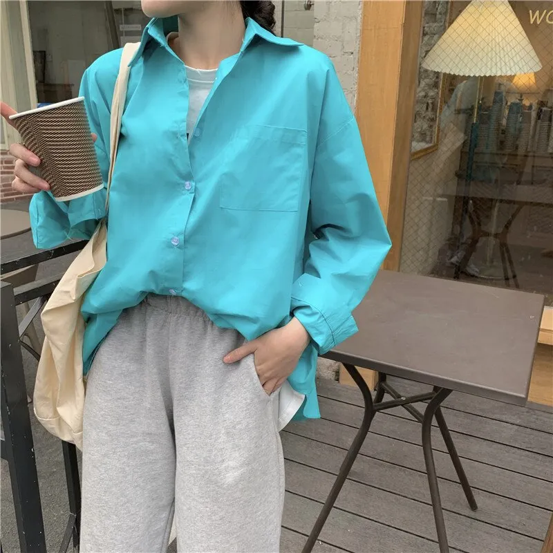Back to College Joskaa Yellow Oversized Long Sleeve Blouse Womens Korean Fashion Ladies Tops Button Up Shirts Loose Blue Pockets 2024 Summer