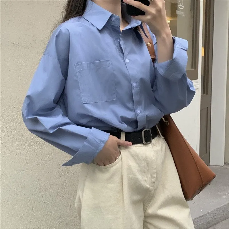 Back to College Joskaa Yellow Oversized Long Sleeve Blouse Womens Korean Fashion Ladies Tops Button Up Shirts Loose Blue Pockets 2024 Summer