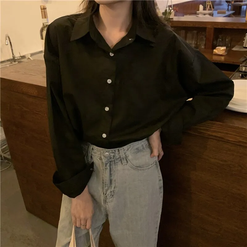 Back to College Joskaa Yellow Oversized Long Sleeve Blouse Womens Korean Fashion Ladies Tops Button Up Shirts Loose Blue Pockets 2024 Summer
