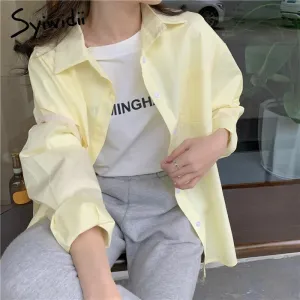 Back to College Joskaa Yellow Oversized Long Sleeve Blouse Womens Korean Fashion Ladies Tops Button Up Shirts Loose Blue Pockets 2024 Summer
