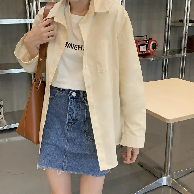 Back to College Joskaa Yellow Oversized Long Sleeve Blouse Womens Korean Fashion Ladies Tops Button Up Shirts Loose Blue Pockets 2024 Summer