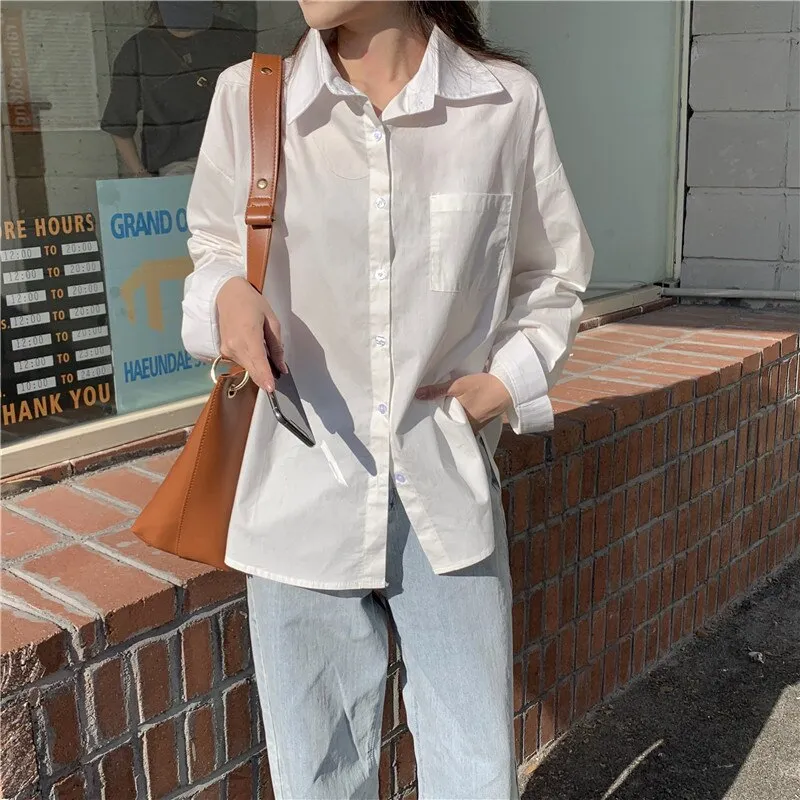 Back to College Joskaa Yellow Oversized Long Sleeve Blouse Womens Korean Fashion Ladies Tops Button Up Shirts Loose Blue Pockets 2024 Summer