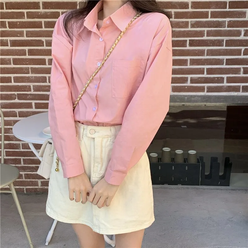 Back to College Joskaa Yellow Oversized Long Sleeve Blouse Womens Korean Fashion Ladies Tops Button Up Shirts Loose Blue Pockets 2024 Summer