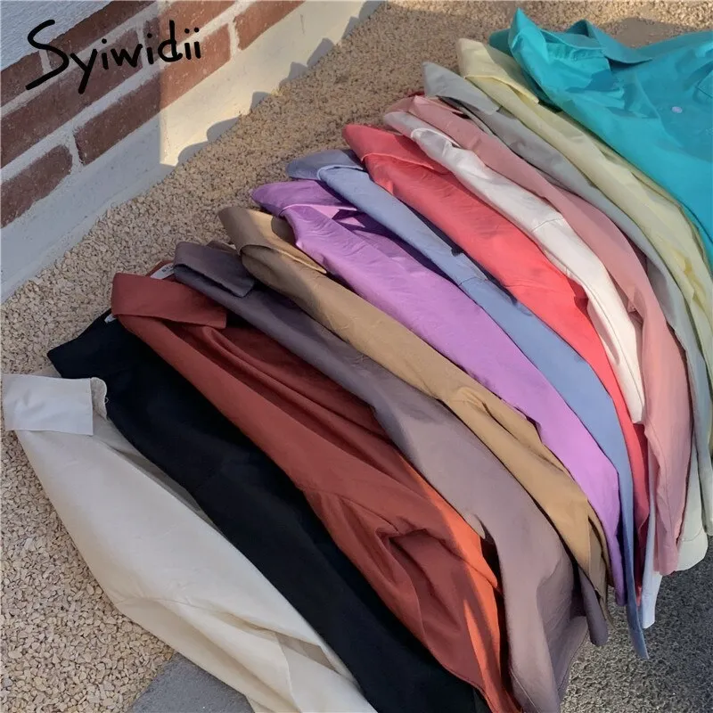 Back to College Joskaa Yellow Oversized Long Sleeve Blouse Womens Korean Fashion Ladies Tops Button Up Shirts Loose Blue Pockets 2024 Summer