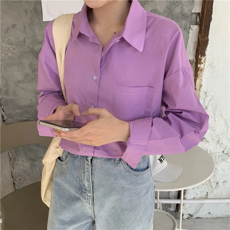 Back to College Joskaa Yellow Oversized Long Sleeve Blouse Womens Korean Fashion Ladies Tops Button Up Shirts Loose Blue Pockets 2024 Summer