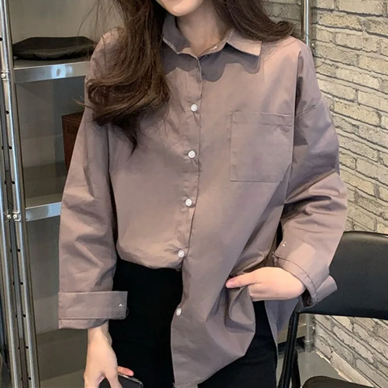 Back to College Joskaa Yellow Oversized Long Sleeve Blouse Womens Korean Fashion Ladies Tops Button Up Shirts Loose Blue Pockets 2024 Summer