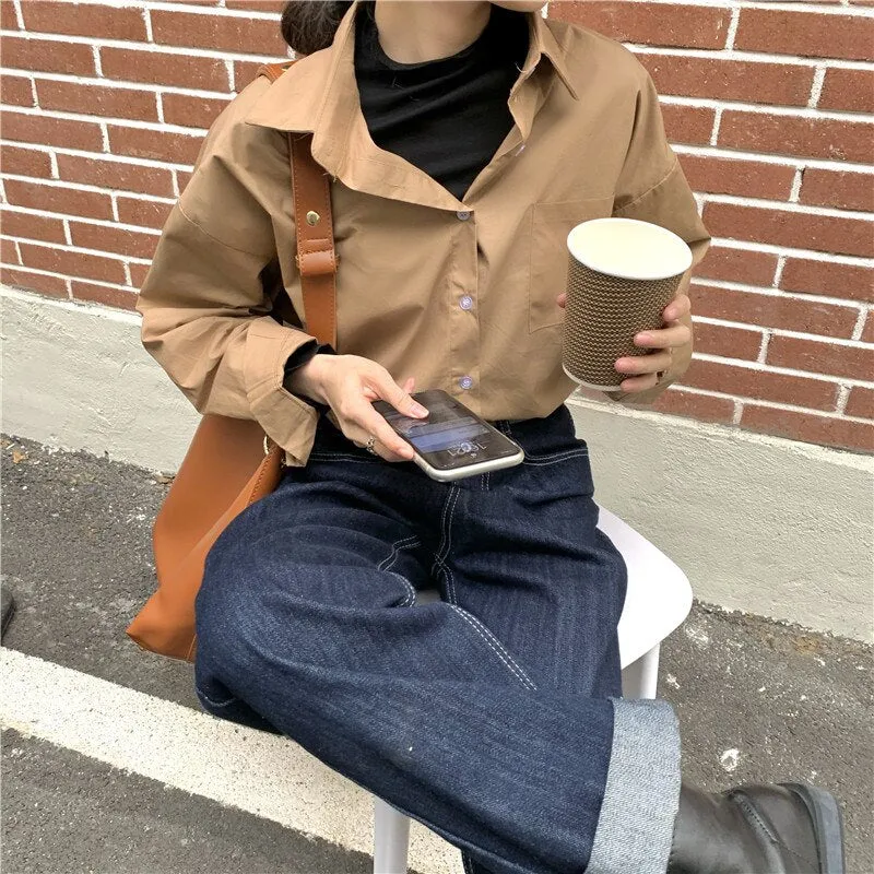 Back to College Joskaa Yellow Oversized Long Sleeve Blouse Womens Korean Fashion Ladies Tops Button Up Shirts Loose Blue Pockets 2024 Summer
