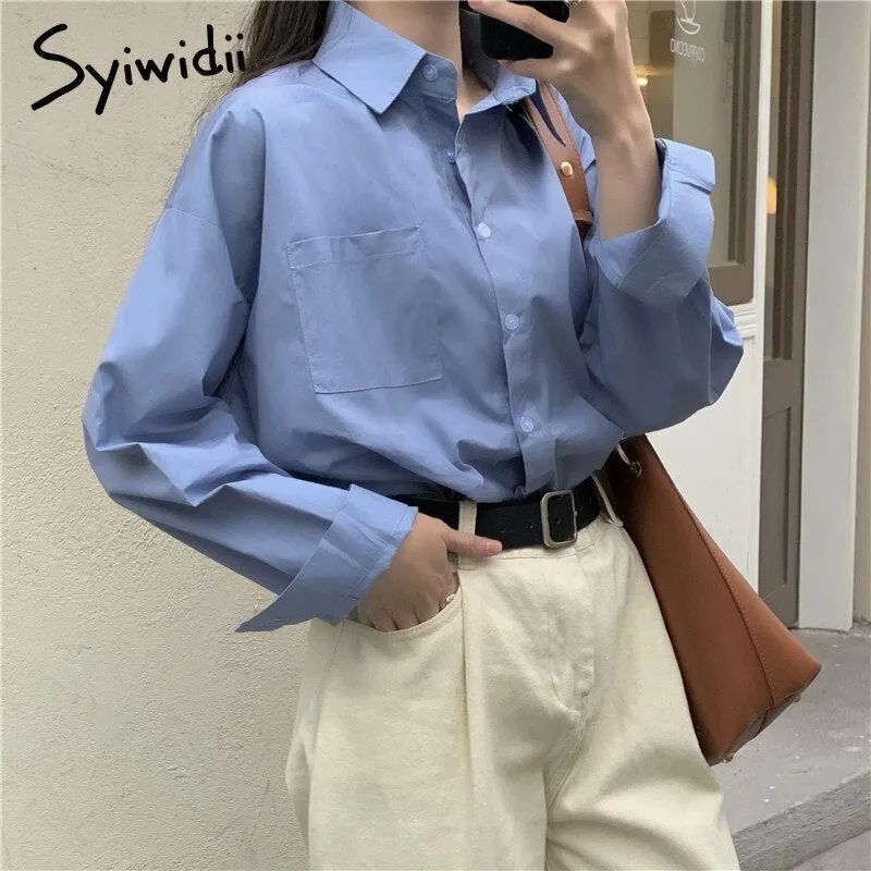 Back to College Joskaa Yellow Oversized Long Sleeve Blouse Womens Korean Fashion Ladies Tops Button Up Shirts Loose Blue Pockets 2024 Summer