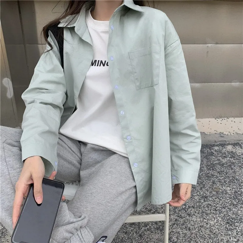 Back to College Joskaa Yellow Oversized Long Sleeve Blouse Womens Korean Fashion Ladies Tops Button Up Shirts Loose Blue Pockets 2024 Summer