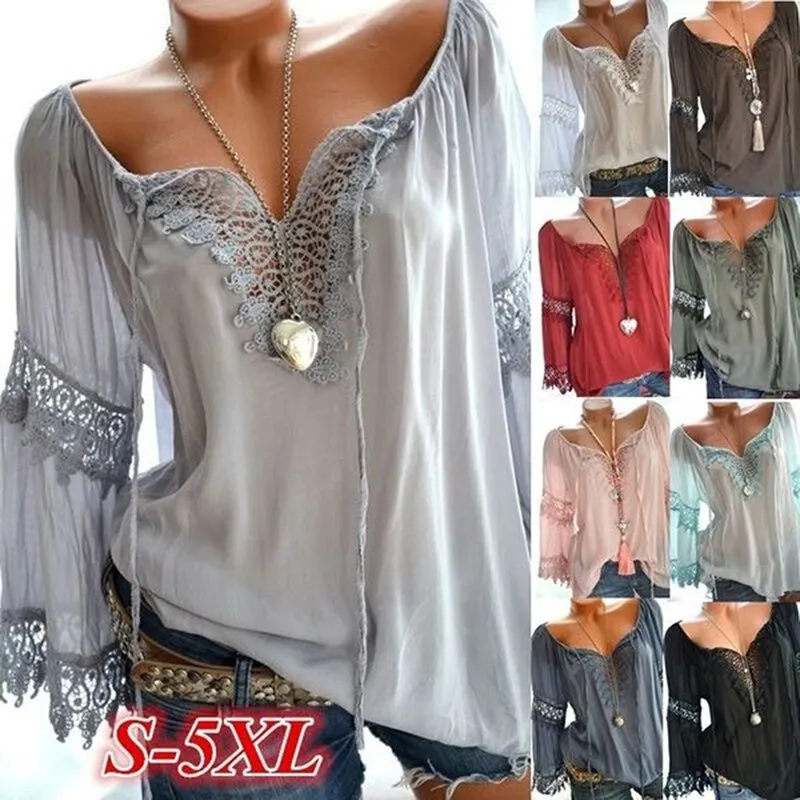 Bigsweety New Spring Women Lace Patchwork Blouse Shirt Casual V
