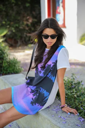 Casual Summer Tropical Landscape Palm Print Loose Short Sleeve D