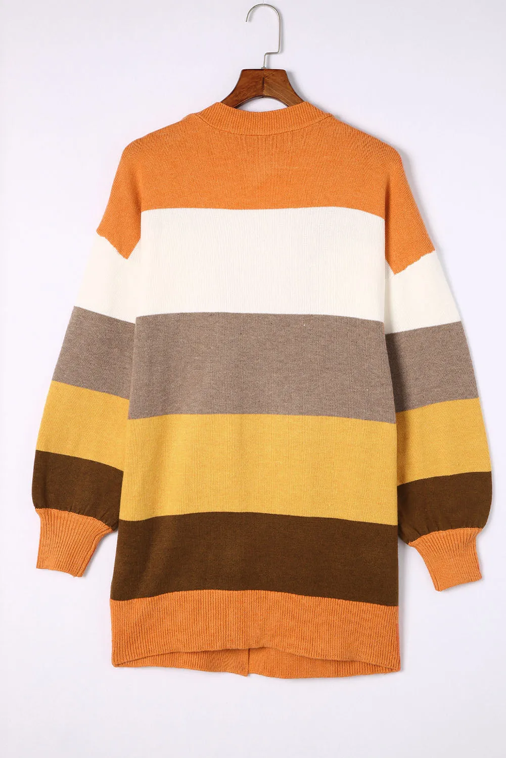 Color Block Lantern Sleeve Open Front Cardigan with Pockets