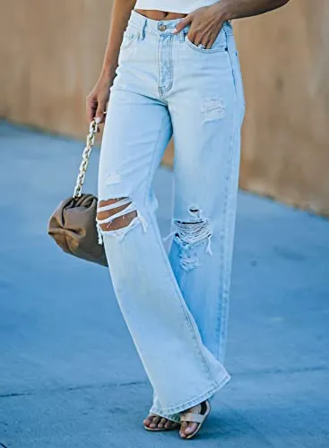 Dokotoo Jeans for Women High Rise Destroyed Raw Hem Flare Jeans Casual Ripped Hole Washed Distressed Straight Wide Leg Denim Pants Sky Blue Size US 14