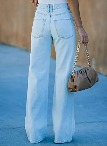 Dokotoo Jeans for Women High Rise Destroyed Raw Hem Flare Jeans Casual Ripped Hole Washed Distressed Straight Wide Leg Denim Pants Sky Blue Size US 14