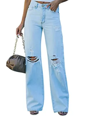 Dokotoo Jeans for Women High Rise Destroyed Raw Hem Flare Jeans Casual Ripped Hole Washed Distressed Straight Wide Leg Denim Pants Sky Blue Size US 14
