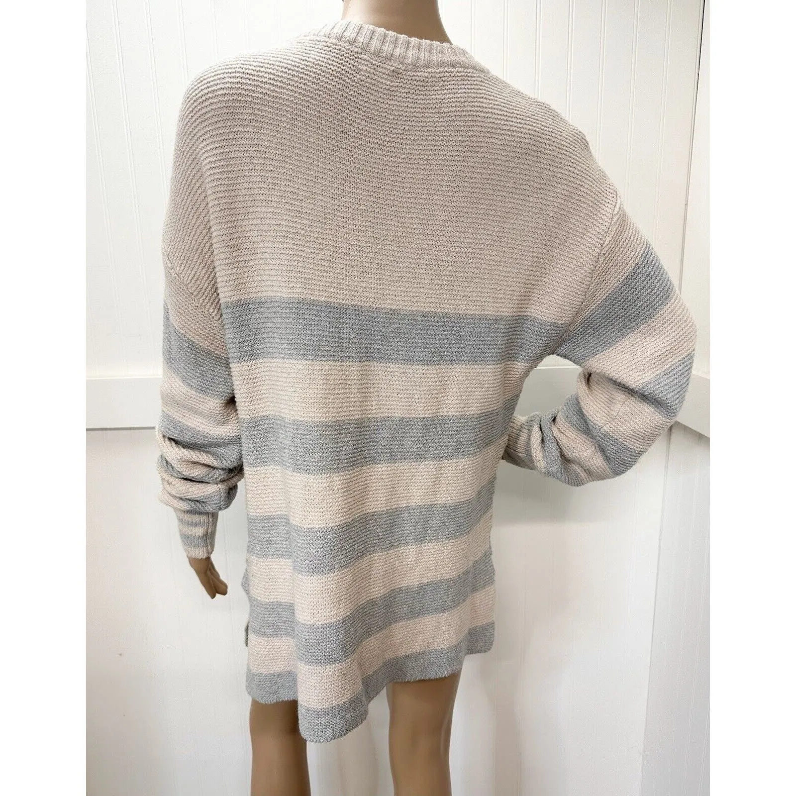 Faherty OJAI Nautical Sweater Womens Large Beige/Blue Stripes Pullover Top *Hole