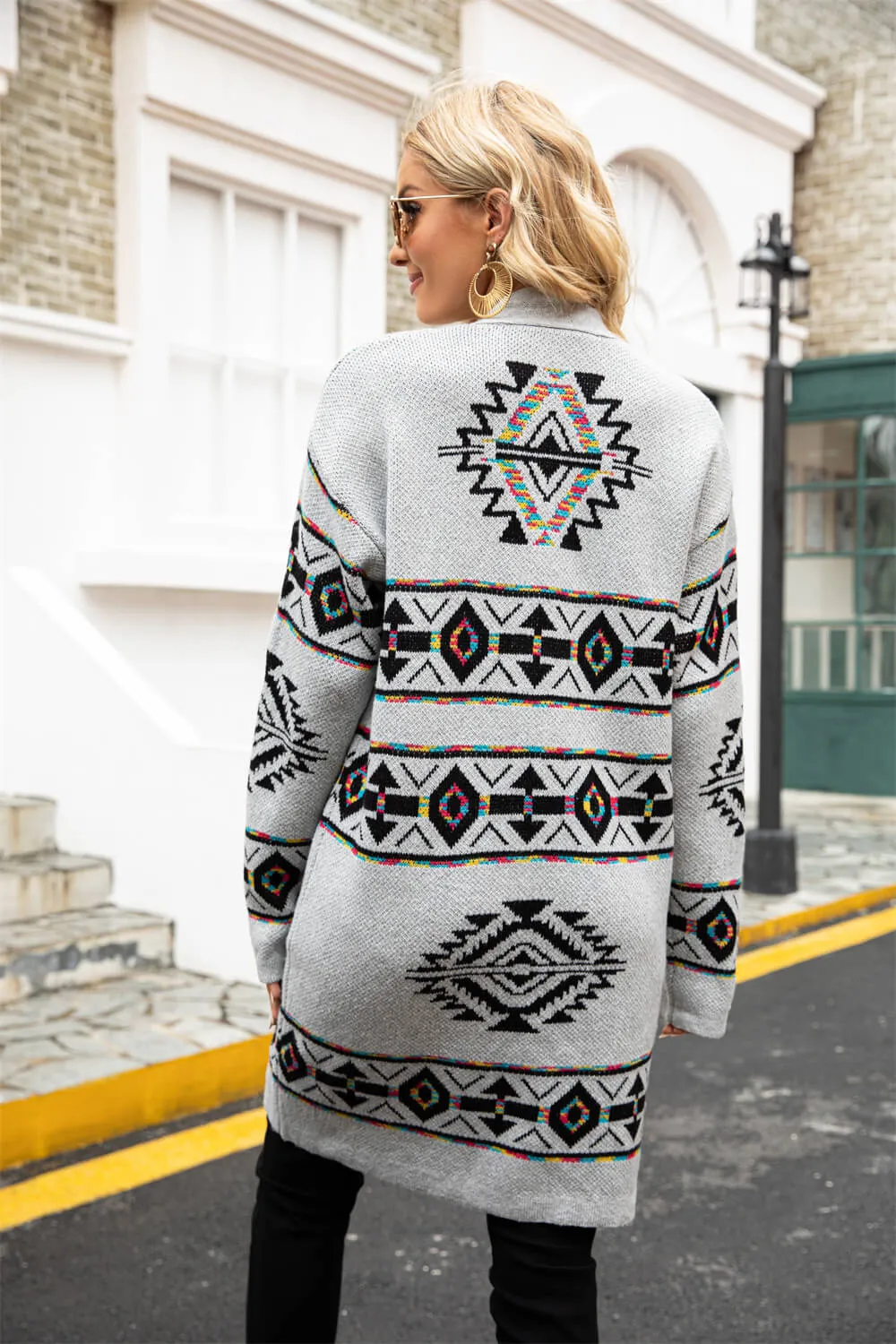 Geometric Open Front Longline Cardigan with Pockets