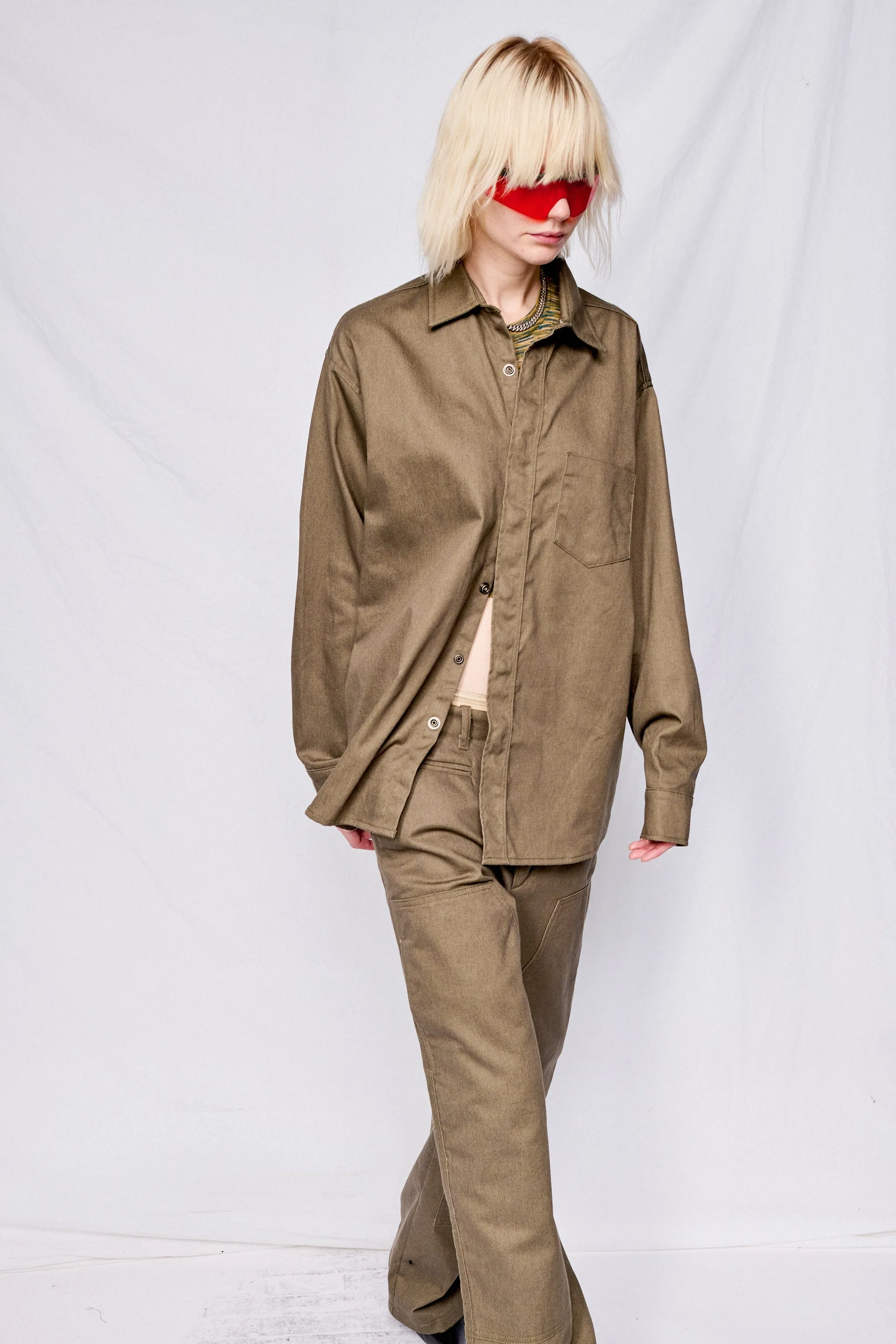 Grey Drill Denim Loose Snap Shirt
