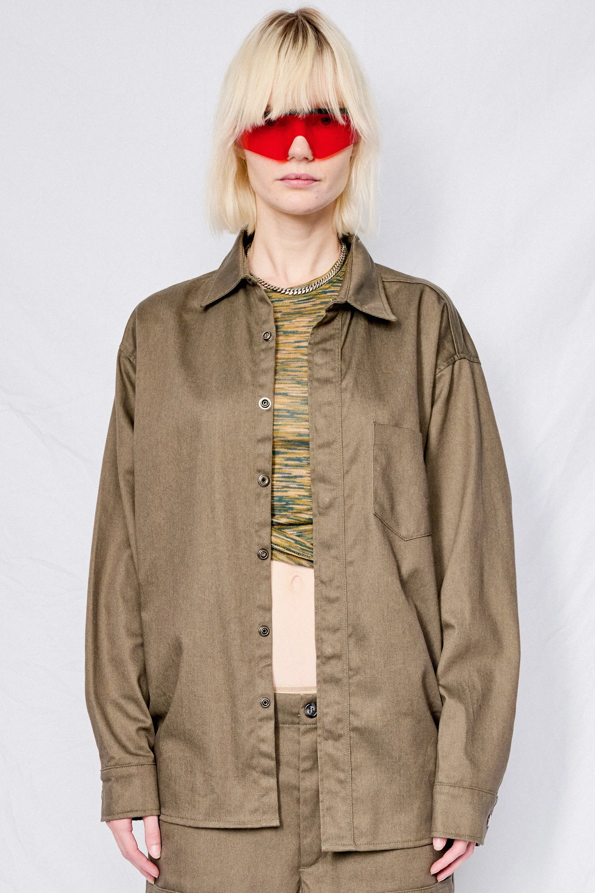Grey Drill Denim Loose Snap Shirt
