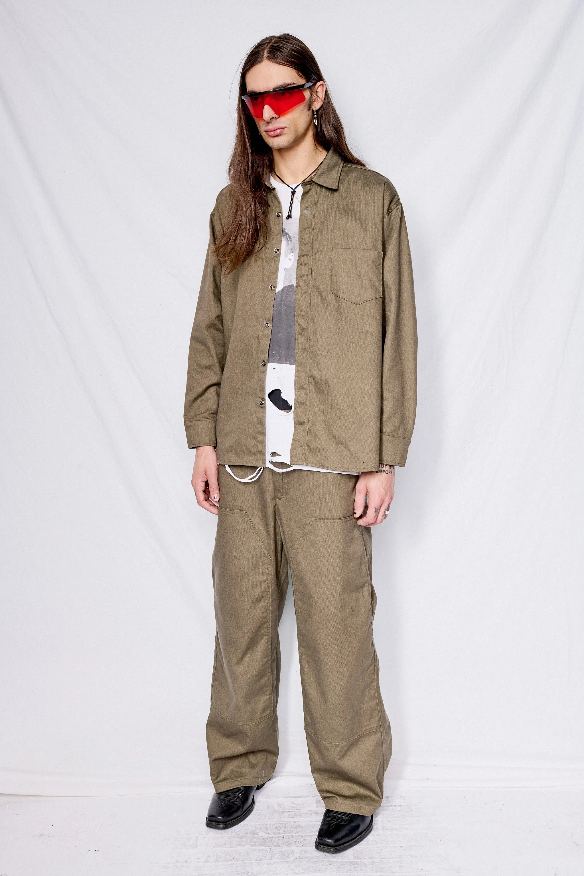 Grey Drill Denim Loose Snap Shirt