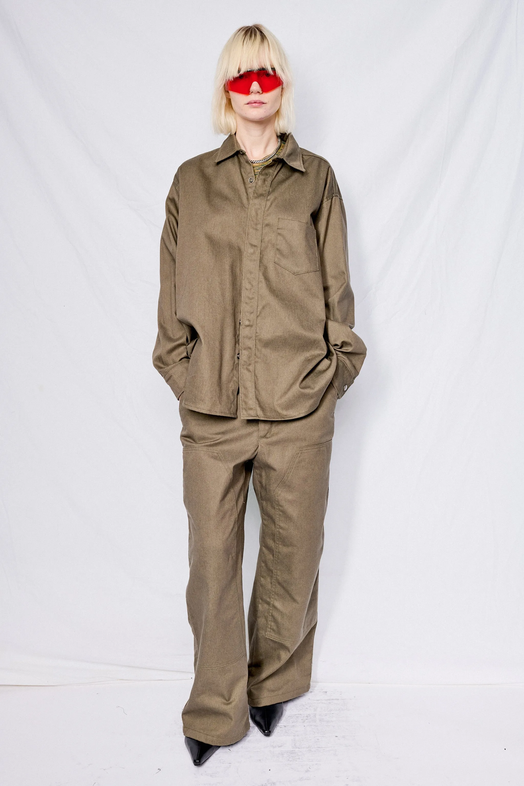 Grey Drill Denim Loose Snap Shirt