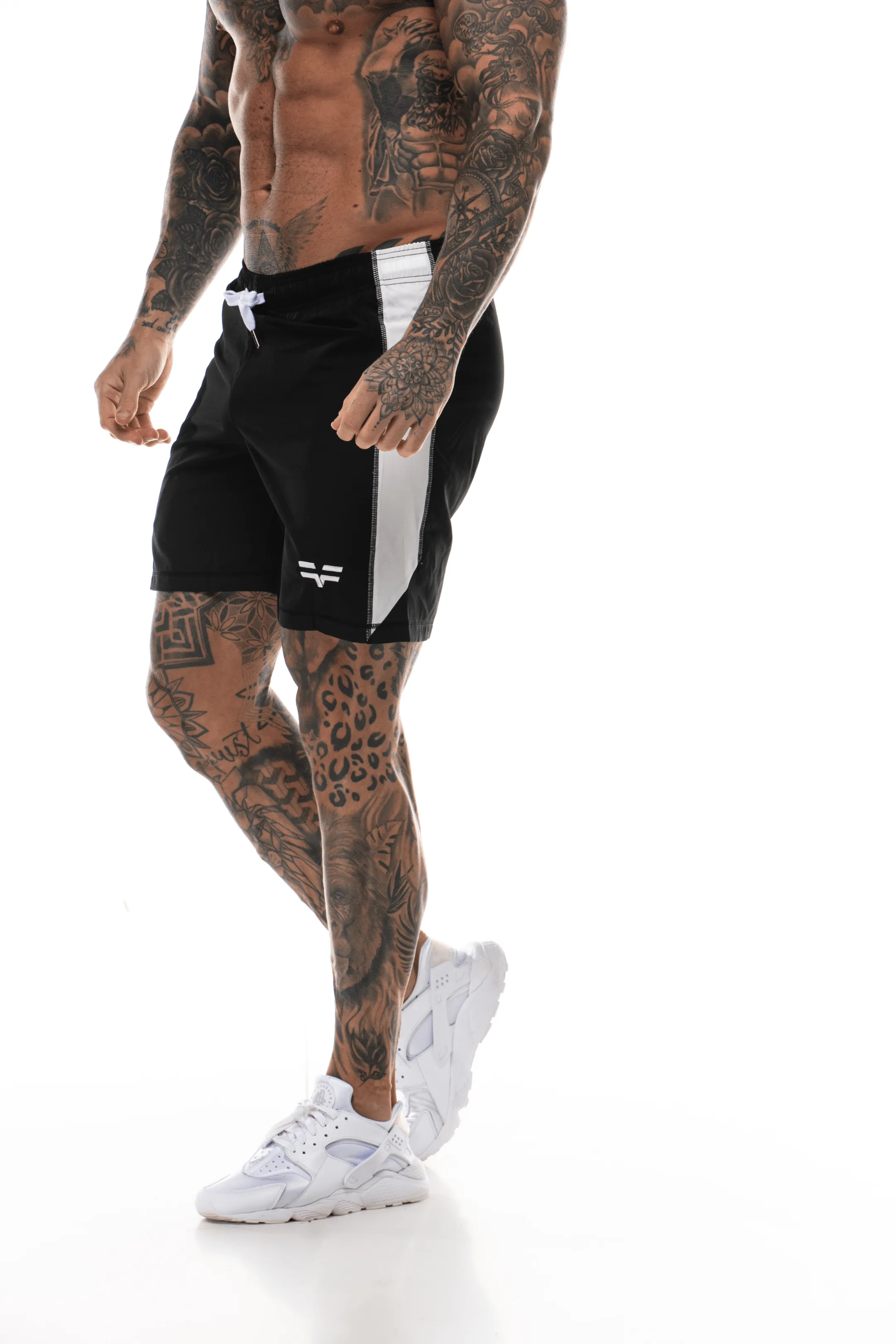 GymFreak Mens Active Shorts - Black/White - 7 inch