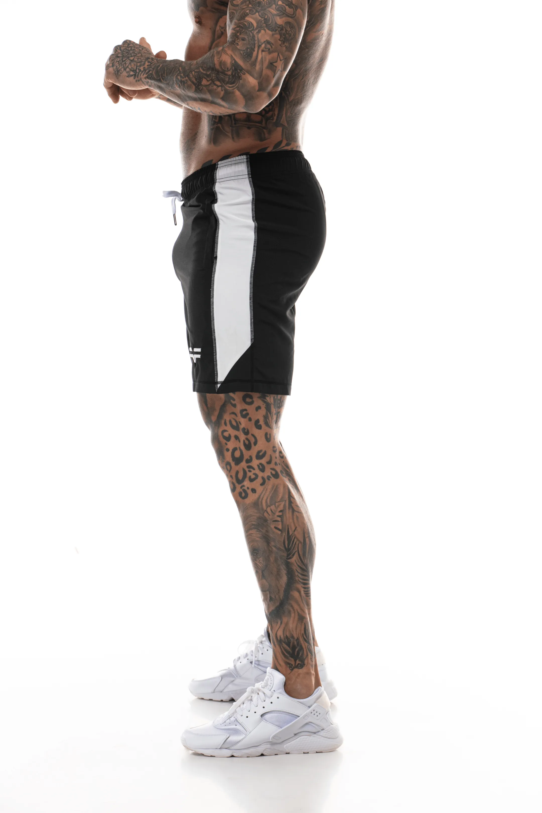 GymFreak Mens Active Shorts - Black/White - 7 inch