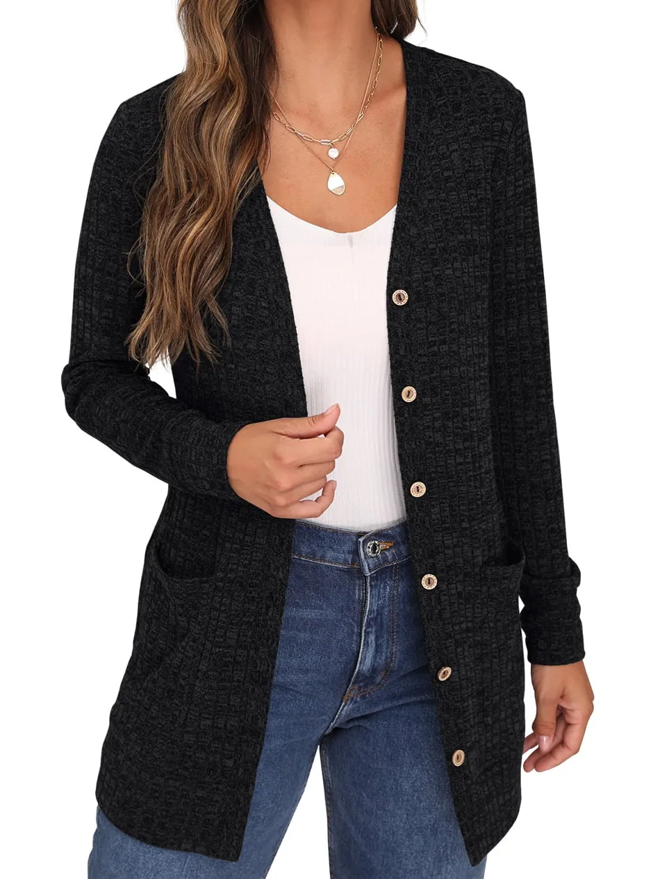 JWD Open Front Cardigan for Women Button Down Long Sleeve Draped Sweater Outerwear with Pocket