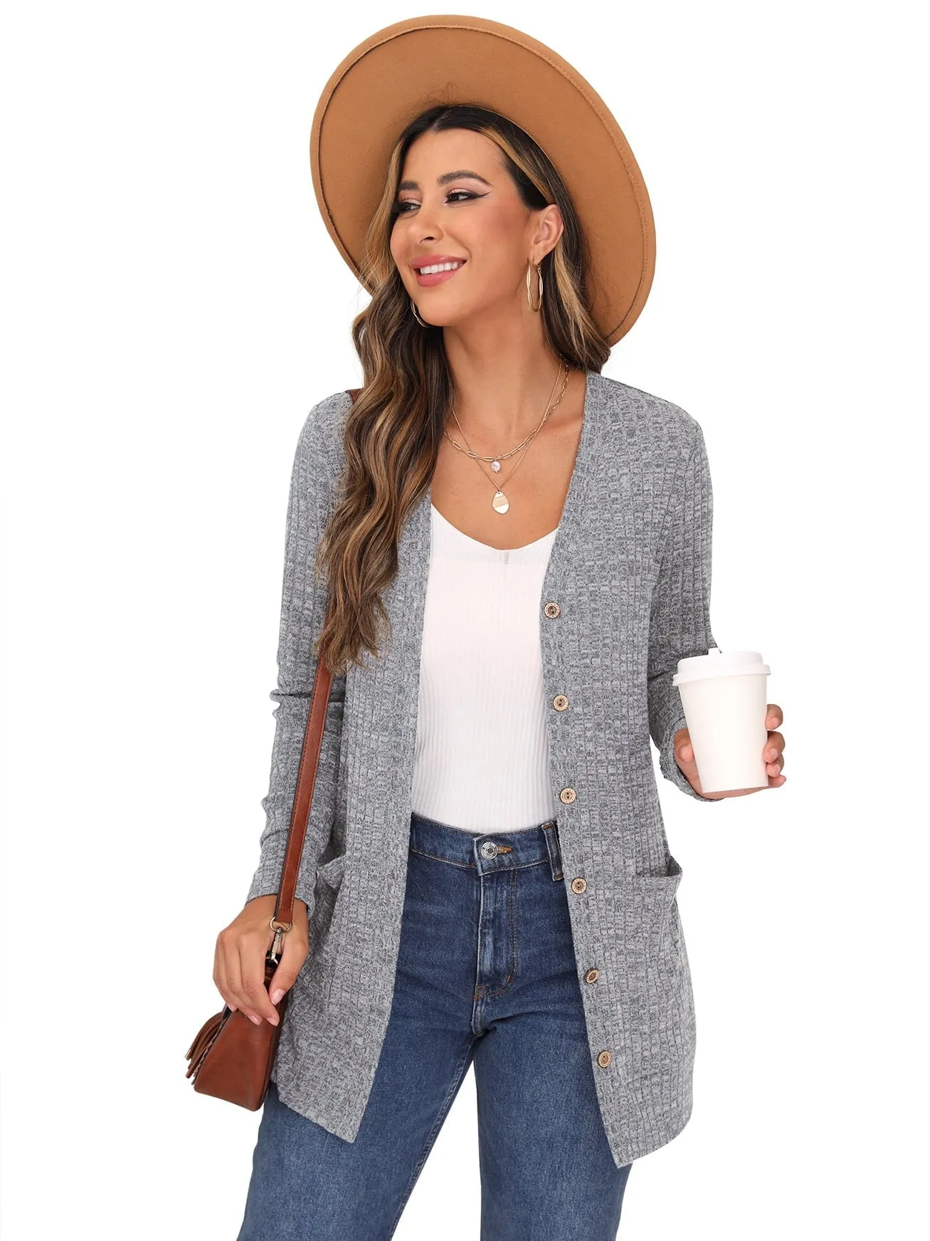 JWD Open Front Cardigan for Women Button Down Long Sleeve Draped Sweater Outerwear with Pocket