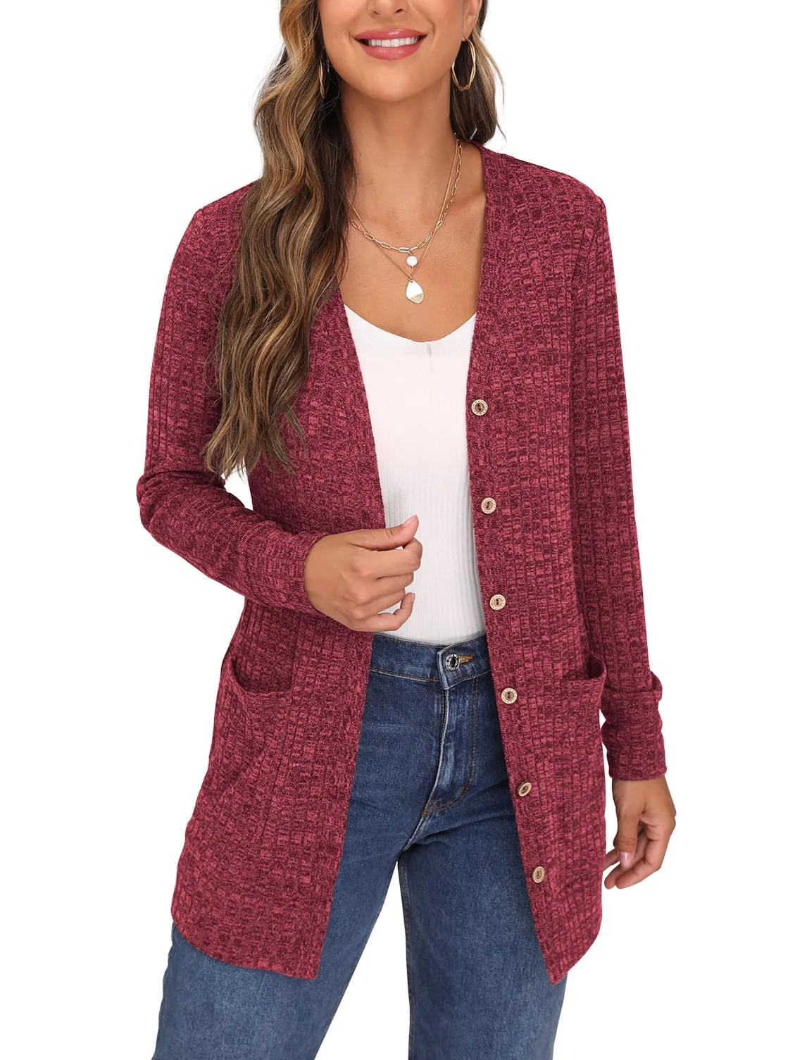 JWD Open Front Cardigan for Women Button Down Long Sleeve Draped Sweater Outerwear with Pocket