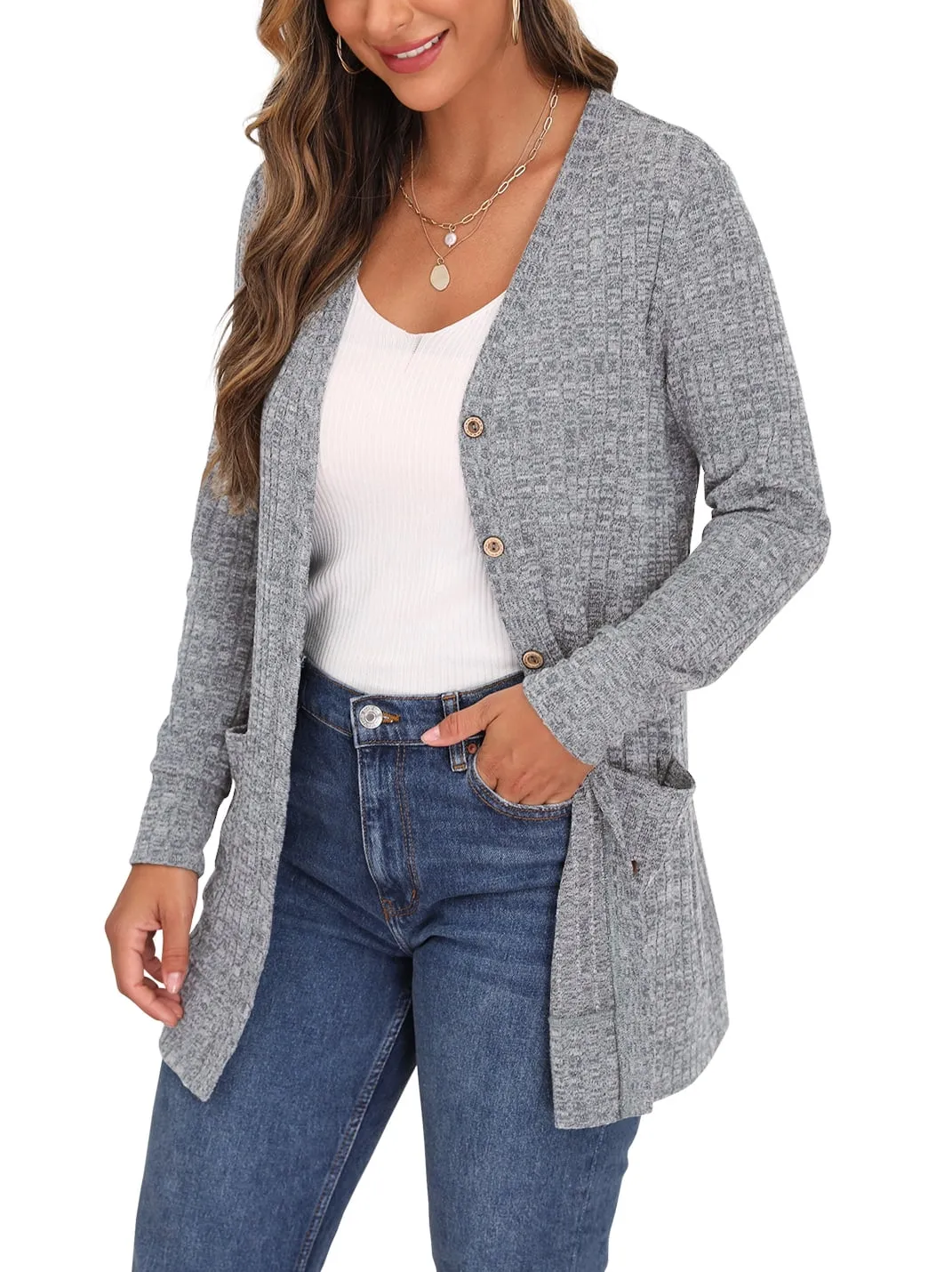 JWD Open Front Cardigan for Women Button Down Long Sleeve Draped Sweater Outerwear with Pocket
