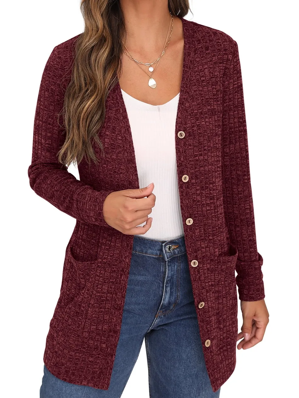 JWD Open Front Cardigan for Women Button Down Long Sleeve Draped Sweater Outerwear with Pocket
