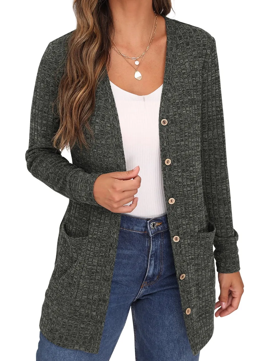 JWD Open Front Cardigan for Women Button Down Long Sleeve Draped Sweater Outerwear with Pocket