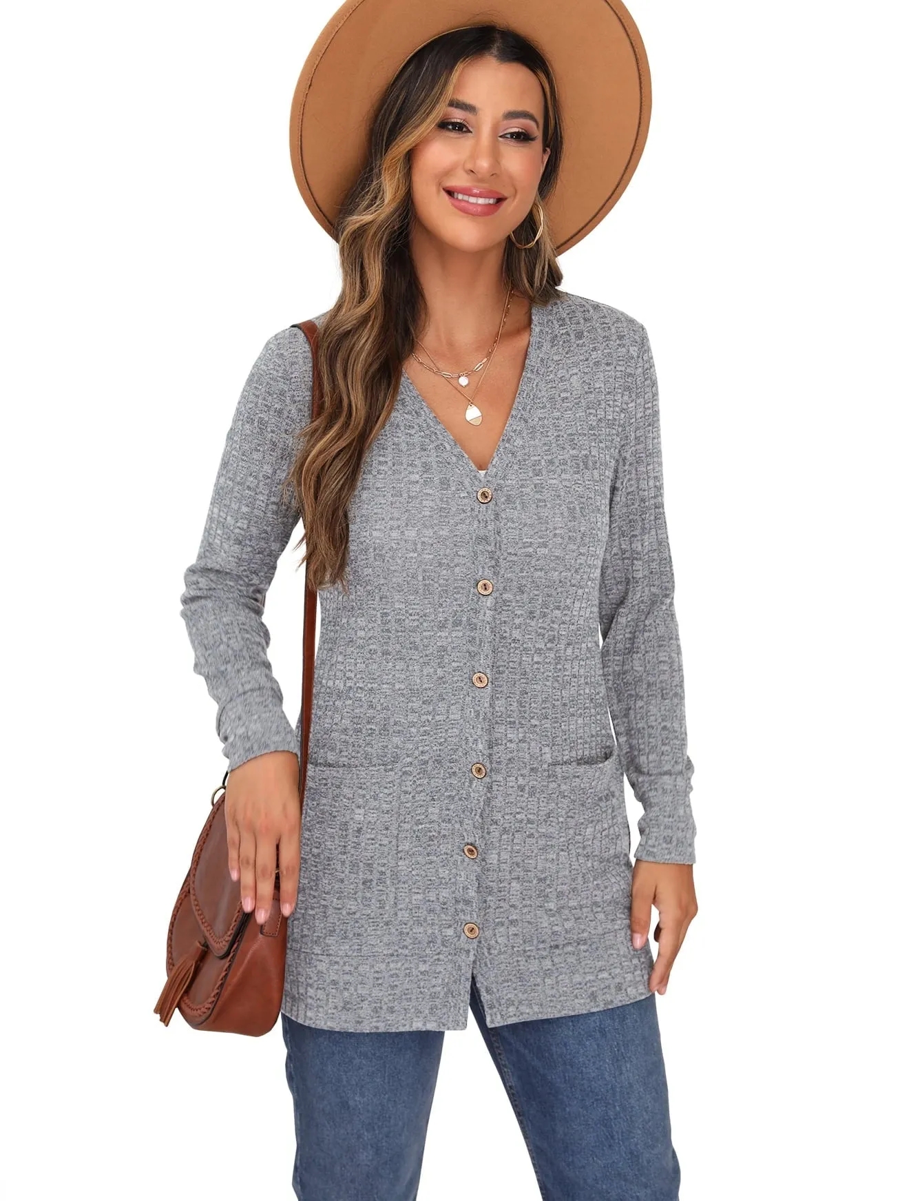 JWD Open Front Cardigan for Women Button Down Long Sleeve Draped Sweater Outerwear with Pocket