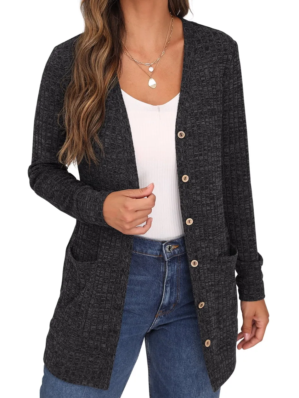 JWD Open Front Cardigan for Women Button Down Long Sleeve Draped Sweater Outerwear with Pocket