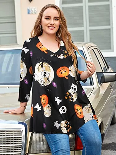 LARACE Plus Size Tops 3/4 Sleeve Halloween Shirts For Women V Neck Tunic Flare Swing Blouses Basic T-shirts(Flower42 3X)