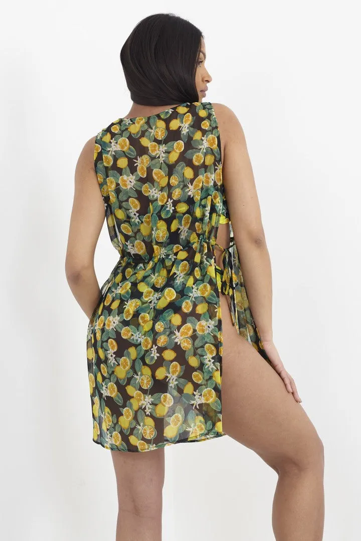LEMON PRINT OPEN SIDE TIE SHEER BEACH DRESS