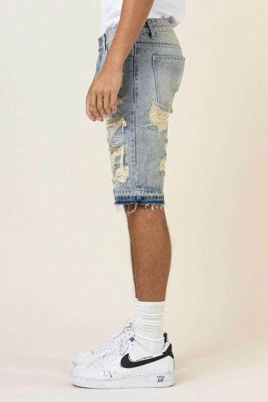 Mens Heavy Rip And Repair Released Hem Jean Shorts