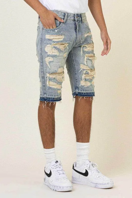 Mens Heavy Rip And Repair Released Hem Jean Shorts
