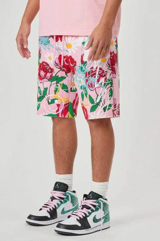 Mens Pink All Over Rose Bloom Print Shorts