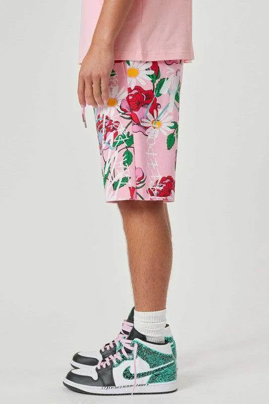 Mens Pink All Over Rose Bloom Print Shorts