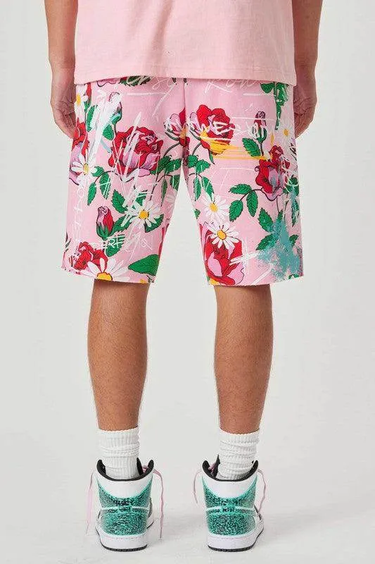 Mens Pink All Over Rose Bloom Print Shorts