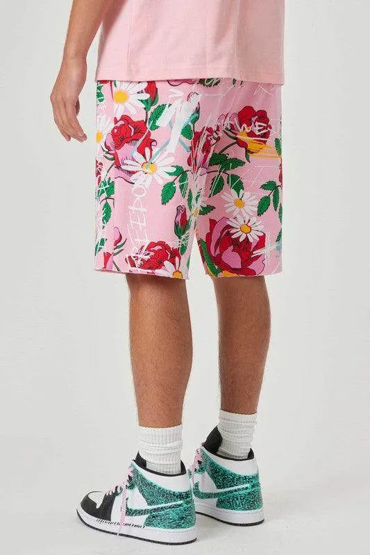 Mens Pink All Over Rose Bloom Print Shorts