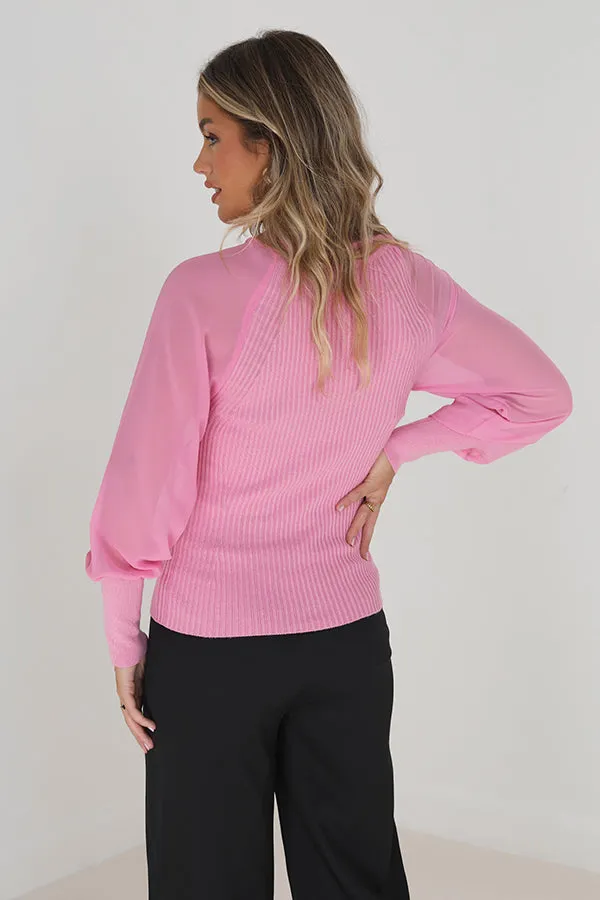 PINK CHIFFON SLEEVE RIBBED KNITTED JUMPER