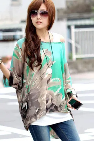 Sexy Batwing Sleeve Floral Print Loose-Fitting Chiffon Blouse