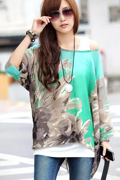 Sexy Batwing Sleeve Floral Print Loose-Fitting Chiffon Blouse