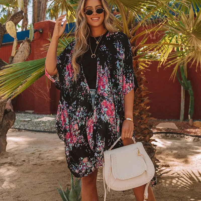 Slit Chiffon Print Beach Sunscreen Blouse Women Wholesale