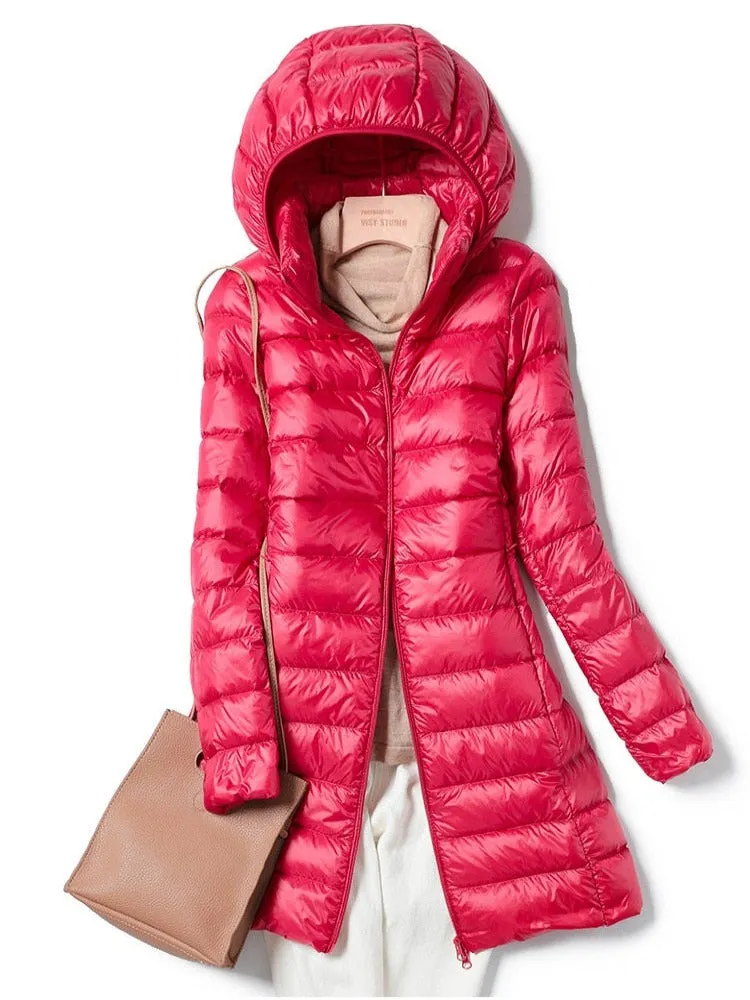 Ultra-Light Long Women's Winter Down waterproof Jacket: Thin, Casual, Slim Puffer Coat with Removable Hooded Parka