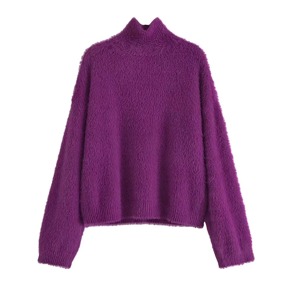 Women Soft Touch Faux Mohair Sweaters Loose Knit Purple Sweater High Neck Long Sleeve Female Pullovers Chic Tops