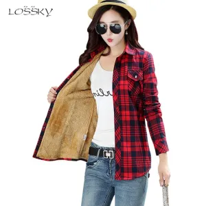 Women Winter Keep Warm Cotton Plaid Blouse Fashion Long Sleeve Turn-down Collar Pocket Velvet Shirt